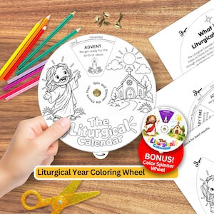 May include: A circular paper Liturgical Calendar colouring wheel featuring line art of a figure, a church, and the text "ADVENT We get ready for the birth of Jesus." Includes coloured pencils, a small brass fastener, and a bonus colour spinner wheel.