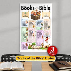 May include: A white educational poster titled The Books of the Bible featuring a central illustration of children reading a book, surrounded by categorised lists of biblical books, colourful cartoon icons, and a red circular badge stating 3 Sizes Included.