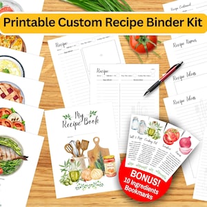 Op de afbeelding: Printbare receptenmap-set met aquarel-illustraties van voedsel, een titelpagina met de tekst "Mijn receptenboek" en 10 ingrediënten-bladwijzers. De set bevat receptenpagina's, receptideeënpagina's, boodschappenlijstjes en receptennaampagina's.