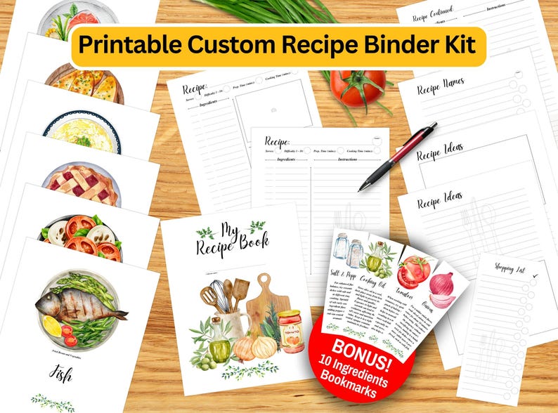 Recipe Binder Printable Kit - Cookbook Templates, Recipe Sheets & Dividers - Digital Download for Recipe Organization - DIY Kitchen Planner
