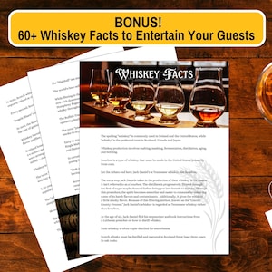 Pu&ograve; includere: Un set di quattro bicchieri di whisky con un vassoio di legno, un bicchiere di whisky con ghiaccio e un'etichetta con il numero 1. Il testo sulla pagina dice "Whiskey Facts" e include informazioni sulla storia e la produzione del whisky.