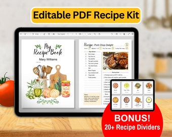 Editable Recipe Template Bundle: Fillable Index, Watercolor Dividers (PDF)