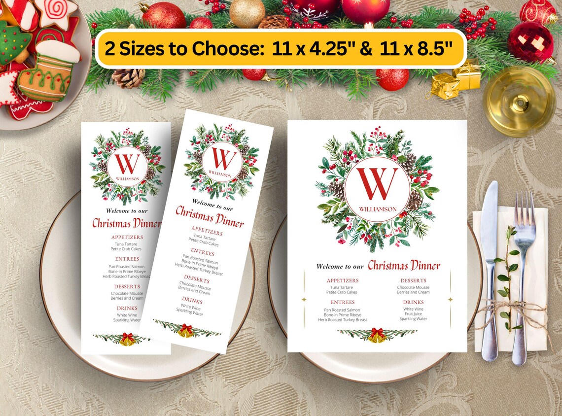 Christmas Menu Template: Editable Monogram Design With Bonus Placemats ...