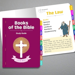Puede incluir: Una guía de estudio titulada "Books of the Bible" con un diseño de cruz blanca sobre una cubierta púrpura. La guía incluye una sección sobre "La Ley" con un resumen y una lista de libros. La guía es de Leslie West.