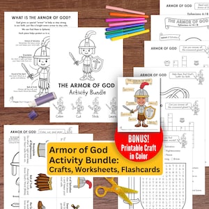 Könnte beinhalten: Ein "Rüstung Gottes"-Aktivitätspaket mit Bastelarbeiten, Arbeitsblättern und Karteikarten. Das Bild zeigt Malvorlagen, ein Kreuzworträtsel und ein Bonus-Bastelprojekt zum Ausdrucken in Farbe. Enthält eine gelbe Schere und eine Reihe farbiger Marker.