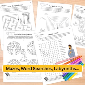 Bible Activity Book for Children, Sunday School Printables, Christian Homeschool Worksheets, Kids Maze Games Activities & Coloring Pages