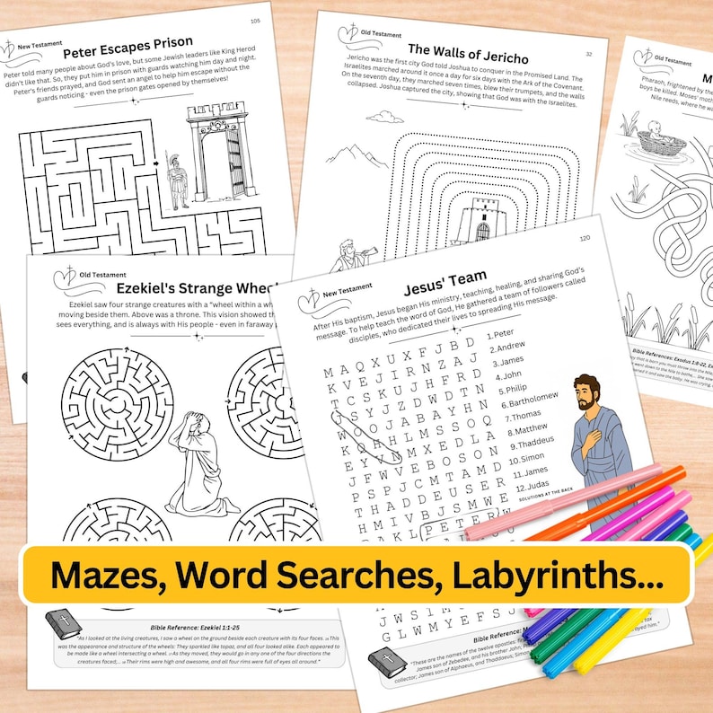 Bible Activity Book for Children, Sunday School Printables, Christian Homeschool Worksheets, Kids Maze Games Activities & Coloring Pages