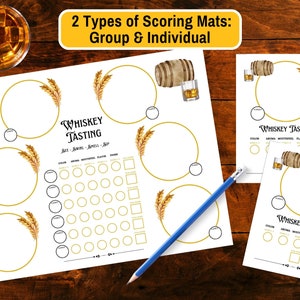 Pu&ograve; includere: Due tappetini di punteggio per la degustazione di whisky stampabili, uno per gruppi e uno per uso individuale. Ogni tappetino presenta un cerchio con un design a forma di grano, una botte e un bicchiere di whisky. Il tappetino di gruppo ha una griglia di cerchi per punteggiare diversi aspetti del whisky, come il colore, l'aroma, la sensazione in bocca, il sapore e il finale.