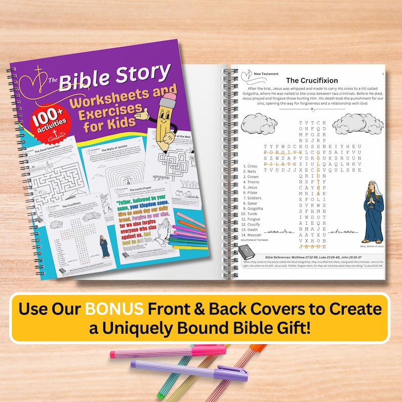 Bible Activity Book for Children, Sunday School Printables, Christian Homeschool Worksheets, Kids Maze Games Activities & Coloring Pages