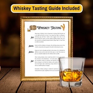 Pu&ograve; includere: Una guida incorniciata per la degustazione del whisky con il testo "Whiskey Tasting" e istruzioni su come "vedere", "far girare", "odorare" e "sorseggiare" il whisky. La guida &egrave; su una superficie di legno con una bottiglia di whisky e un bicchiere di whisky con ghiaccio.
