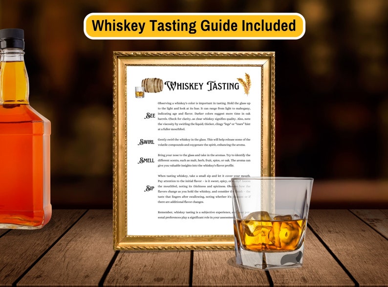Pu&ograve; includere: Una guida incorniciata per la degustazione del whisky con il testo "Whiskey Tasting" e istruzioni su come "vedere", "far girare", "odorare" e "sorseggiare" il whisky. La guida &egrave; su una superficie di legno con una bottiglia di whisky e un bicchiere di whisky con ghiaccio.