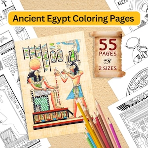 Può includere: Un libro da colorare con 55 pagine di illustrazioni a tema egizio. La copertina presenta un'immagine colorata di due figure in abiti tradizionali egizi. Il libro è disponibile in due formati.