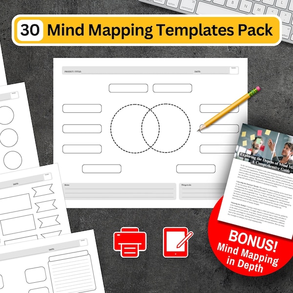 Mind Map Template Bundle, 30 Brain Dump Printables Idea Maps, Brainstorming & Concept Maps, Study Guide, Goal Action Planner, Notes Template