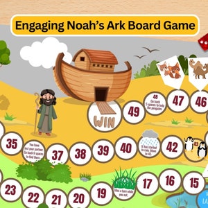 Puede incluir: Un juego de mesa colorido basado en el Arca de Noé. El tablero de juego presenta un arca marrón, un lago verde y un paisaje desértico amarillo. Las piezas del juego están numeradas del 14 al 49. El juego incluye instrucciones para que los jugadores se muevan por el tablero y recojan parejas de animales.