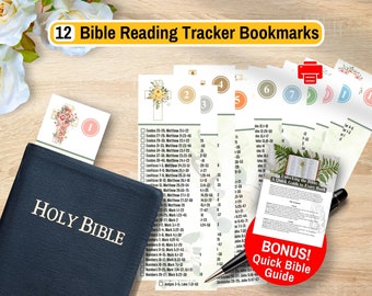 May include: A set of 12 Bible reading tracker bookmarks with floral cross designs, a bonus quick Bible guide, and a Holy Bible. The bookmarks are numbered and list Bible verses.