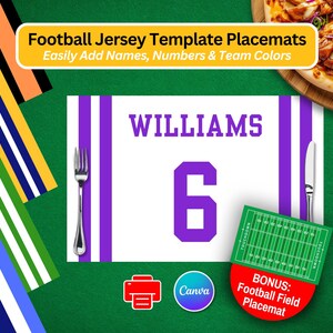 Könnte beinhalten: Lila und weiße Fußballtrikot-Platzdeckchen-Vorlage mit dem Namen "WILLIAMS" und der Nummer "6" darauf gedruckt. Das Platzdeckchen ist für die Verwendung mit einem Drucker und Canva konzipiert. Ein zusätzliches Platzdeckchen mit einem Fußballfeld ist ebenfalls enthalten.