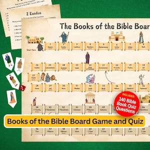 Peut inclure: Un jeu de société coloré avec un plateau de jeu illustré de rouleaux et de personnages. Le plateau de jeu est intitulé "The Books of the Bible Board Game and Quiz". Le jeu comprend 140 questions de quiz sur les livres de la Bible.