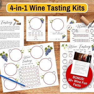 Kit de cata de vinos: fichas de puntuación y hojas de puntuación para cata de vinos blancos, rosados, tintos o mixtos: manteles individuales y etiquetas para fiestas de vinos imprimibles y descargables
