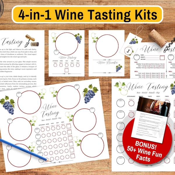 Ultimate Wine Tasting Party Kit - 4 in 1 Bundle for White, Rosé, Red or Mixed Wine Nights - Printable Scorecards, Placemats, Tags and Guide