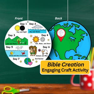 May include: A double-sided, circular craft activity illustrating the Bible's creation story. The front side shows the seven days of creation with colourful drawings. The back side depicts a globe with a red location marker. Text reads "Bible Creation Engaging Craft Activity."