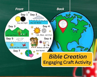 May include: A double-sided, circular craft activity featuring the Bible's creation story. The front side illustrates the seven days of creation with colorful drawings. The back side depicts a globe with a red location marker. Text reads "Bible Creation Engaging Craft Activity."