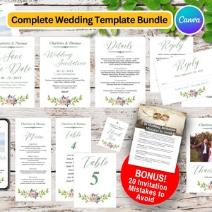 May include: A complete wedding template bundle with a floral design. The bundle includes save the date cards, wedding invitations, RSVP cards, details cards, menu cards, table cards, thank you cards, and a guide to avoid wedding invitation mistakes. The templates are in a light green and pink color scheme.