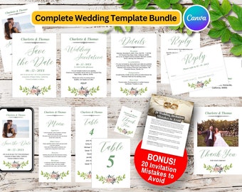 Floral Wedding Template Bundle, Easy Canva Personalize (Digital Download)