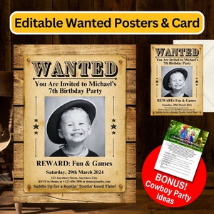 Bearbeitbare Cowboy Wollte Zeichen Poster und Einladungskarte - Outlaw Reward Western Theme Party Vorlage - Wild West Custom Digital Download