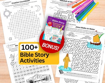 May include: A collection of Bible story activity worksheets for children, featuring word searches, mazes, and number puzzles. The set includes a bonus booklet titled 100+ Bible Story Activities and a set of colorful felt-tip pens for completing tasks.