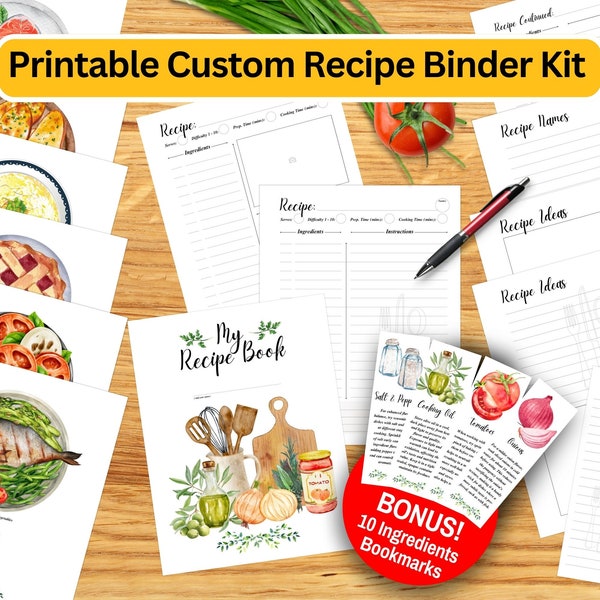 Printable Recipe Binder Kit Bundle -  Cookbook Recipe Sheets, Recipe Divider Pages, and Templates - Recipe Organization - Digital Download