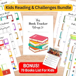 May include: A printable bundle of reading logs and challenges for kids. The bundle includes a book tracker, a 25 books challenge, a book of the month log, a favorite books log, a books I want to read log, a full book review log, a books to read again log, an alphabet book log, and a bonus list of 70 books for kids.