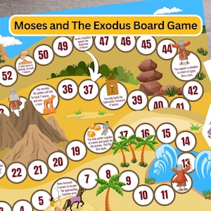 Könnte beinhalten: Ein farbenfrohes Brettspiel mit dem Titel Moses and The Exodus Board Game, das einen gewundenen Pfad mit nummerierten Feldern von 5 bis 52, illustrierte Wüstenlandschaften, Palmen, Berge sowie verschiedene biblische Figuren und Ereignisse zeigt.