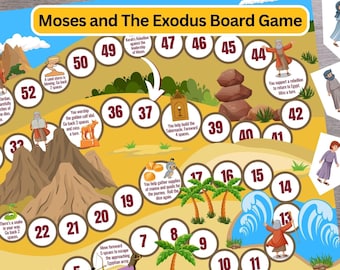 May include: A colorful board game titled Moses and The Exodus Board Game featuring a winding path with numbered spaces from 5 to 52, illustrated desert landscapes, palm trees, mountains, and various biblical figures and events printed on the board.