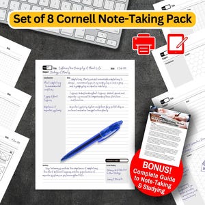 Cornell Notes Template Pack: 8 Different Designs Including Lined, Graph, Dot Grid (Printable PDF)