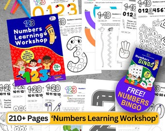 May include: A colorful set of educational materials for children learning numbers. The set includes a workbook with over 210 pages, a bingo game, and various worksheets. The workbook features bright colors, illustrations, and activities to help children learn numbers from 1 to 20. The bingo game is a fun way for children to practice their number recognition skills. The worksheets provide additional practice opportunities for children to learn about numbers.