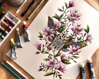 Escarabajo Goliat entre flores de magnolia - Impresión Giclée de Bellas Artes