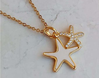 Gold Starfish Necklace: Stainless Steel Beach Pendant with Crystal Accent, Valentine's Day Gift