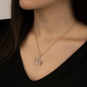 Sterling Silver Two Cat Necklace: Cubic Zirconia Pendant, Minimalist Jewelry