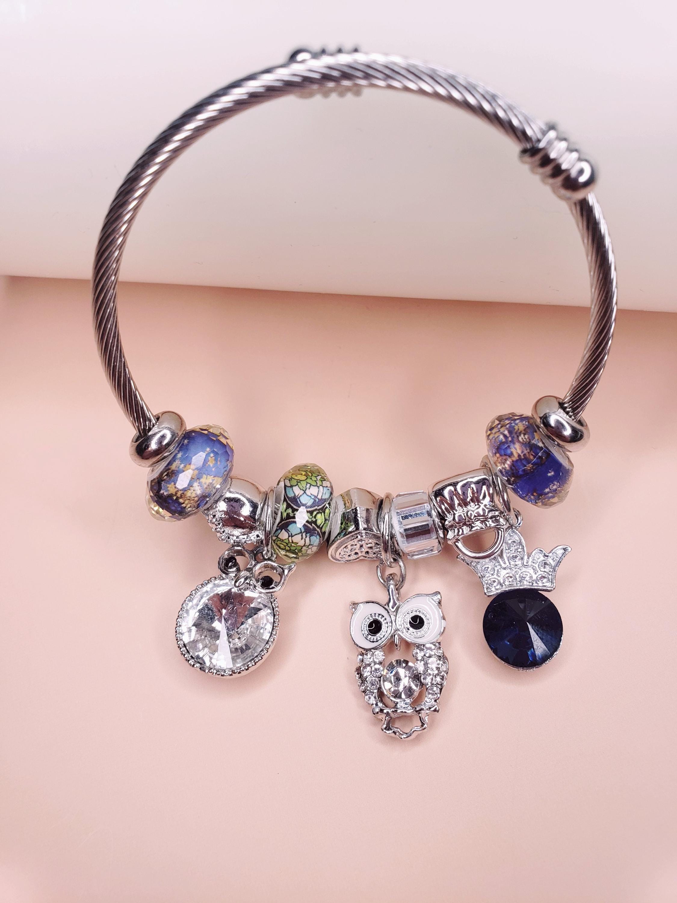 Stainless Steel Bracelet For Women Gift,Birthday Gift, Pandora Bracelet With Owls and Crown Charms,M