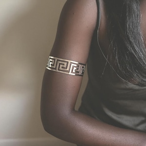 Brass Arm Cuff Bracelet: Greek Key Armband, Boho Festival Jewelry