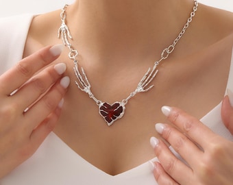 Gothic Skeleton Hands Necklace: Red Crystal Heart, Gift for Her, Valentine's Day Gift