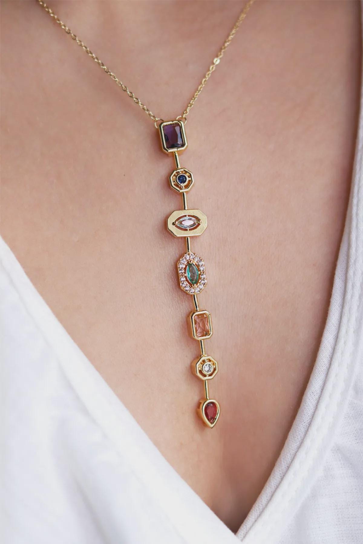Gold Vertical Gemstone Necklace: Colorful Cubic Zirconia Pendant