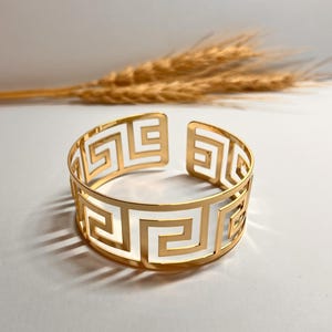 Greek Key Brass Arm Cuff: Adjustable Gold Bicep Bracelet