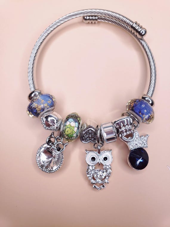 Owl Charm Bracelet: Stainless Steel Crystal Beaded Bangle UK