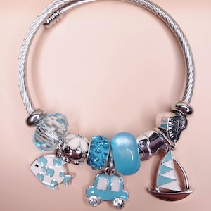 Roestvrijstalen bedelarmband, armband in Pandora-stijl, blauwe kralenarmband met thema, Ocean Car Boat Charms, verstelbare armband