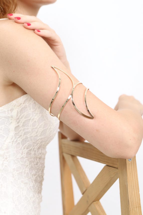 Gold Brass Arm Cuff Bracelet: Minimalist Boho Upper Arm Jewelry