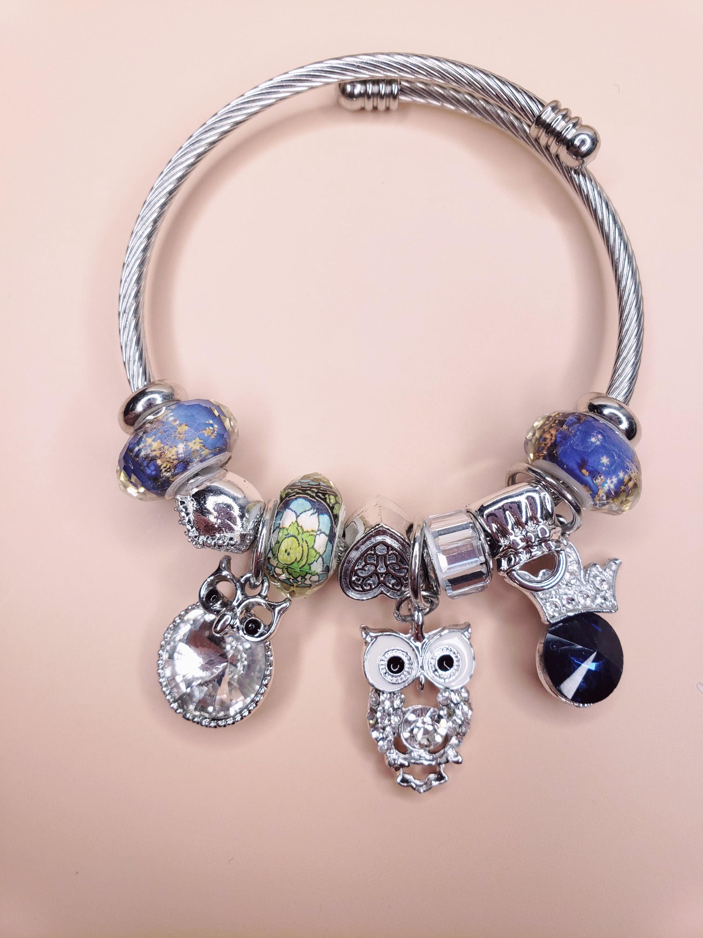 Owl Charm Bracelet: Stainless Steel Crystal Beaded Bangle