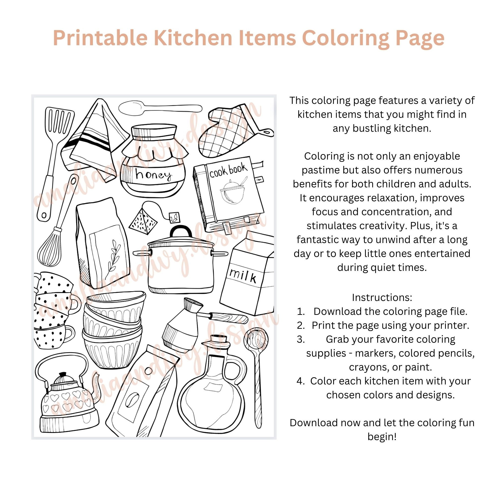 1 Printable Kitchen Items Coloring Page, Children Coloring, Children