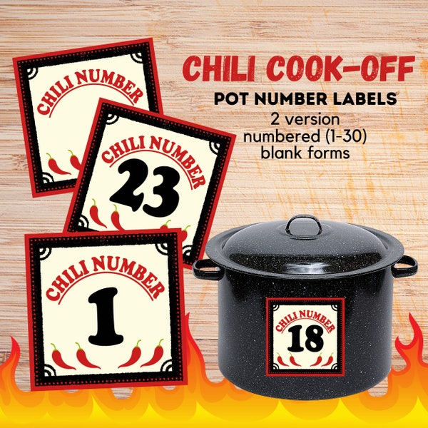1-30 Chili Cook-Off Pot Number Cards, Chili Numbers Labels, Chili Cook Off Identification Blank, Printable Chili Cook Off Crocpot Numbers