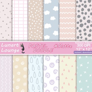 Pode incluir: Um conjunto de 10 padrões de papel digital em cores pastel com vários desenhos de rabiscos. Os padrões incluem triângulos, grade, pontos, nuvens, ondas, estrelas, ziguezagues, rosas, gotas de chuva e espirais. O texto "Lunart Lounge", "PASTEL DOODLE", "#Matte", "Padrão sem costura 300 DPI 12" x 12" download instantâneo" está incluído na imagem.